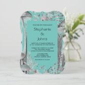 Mushrooms Woodland Aquamarin Blue Black Gray Weddi Einladung (Stehend Vorderseite)