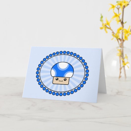 Mushy Puffs Blue Kawaii Mushroom Birthday Card Karte (Gelbe Blume)