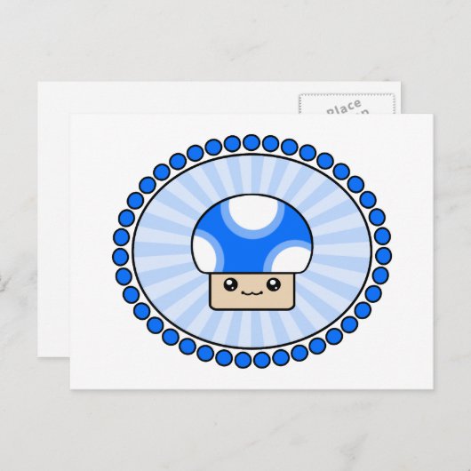 Mushy Puffs Kawaii Mushroom Blue Postcard Postkarte (Vorne/Hinten)