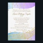 Music Bat Mitzvah Wasserfarbe und Gold Einladung<br><div class="desc">Schattierungen jugendlicher Purpur und blaues Aquarelldesign mit goldenen Musiknoten und Star of David,  Bat Mitzvah Einweihung. Personalisieren Sie Text wie gewünscht.</div>