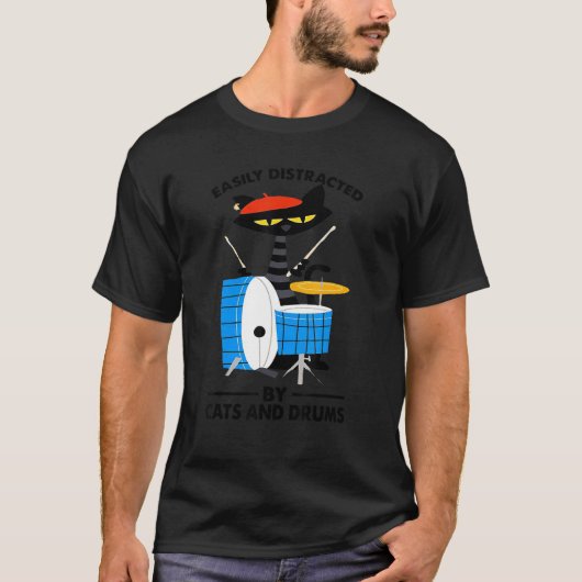 Music Black Cat Drummer Easily Distracted By Cats  T-Shirt (Vorderseite)