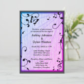 Music Butterfly Blätter Blue & Lila Wood Wedding Einladung (Stehend Vorderseite)