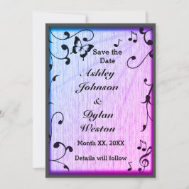 Music Butterfly Blätter Blue & Lila Wood Wedding Save The Date