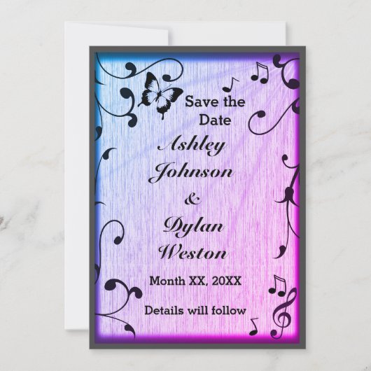 Music Butterfly Blätter Blue & Lila Wood Wedding Save The Date (Vorderseite)