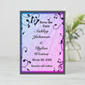 Music Butterfly Blätter Blue & Lila Wood Wedding Save The Date (Stehend Vorderseite)