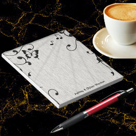 Music Butterfly Blätter Grau & Black Wood Wedding Notizblock