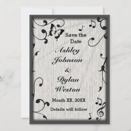 Music Butterfly Blätter Grau & Black Wood Wedding Save The Date