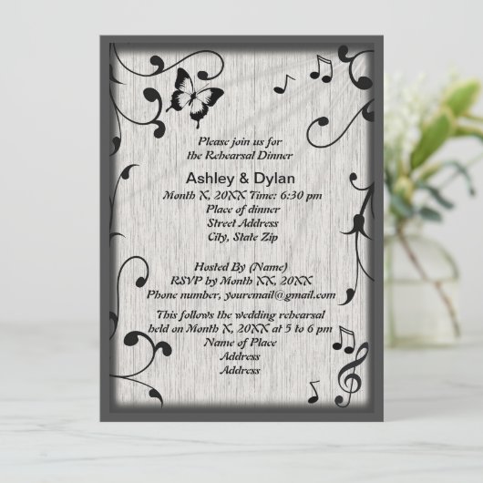 Music Butterfly Blätter Gray Black Probe Dinner Einladung (Stehend Vorderseite)