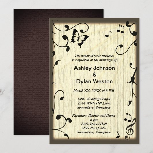 Music Butterfly Blätter Yellow Tan Wood Wedding Einladung (Vorne/Hinten)