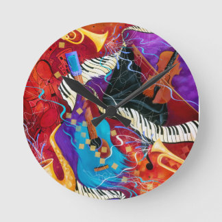 Music Decor Clock Jazz Piano Sax Guitar Colorful Runde Wanduhr