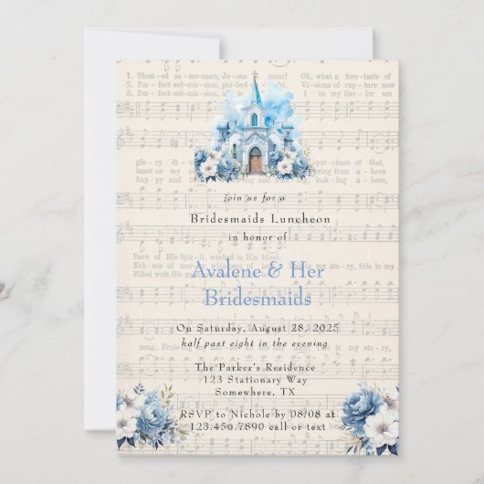 Music Dusty Blue Church Bridesmaids Luncheon Einladung (Vorderseite)