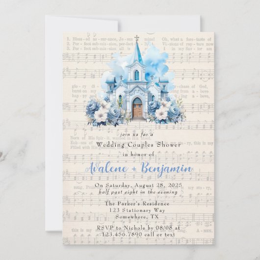 Music Dusty Blue Church Wedding Couples Dusche Einladung (Vorderseite)