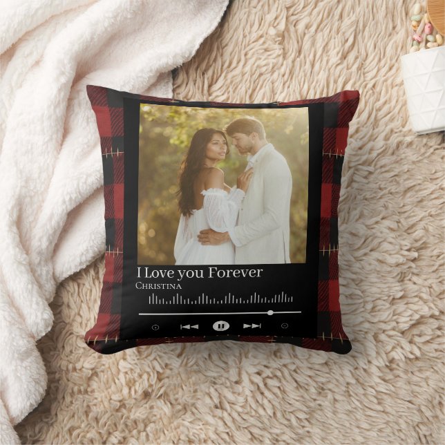 Music Frame Couple Photo Red Plaid  Name & Title  Kissen (Decke)