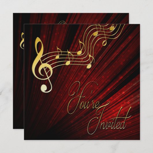 Music Invitation -REd - Gold Notes - Klasse Einladung (Vorne/Hinten)