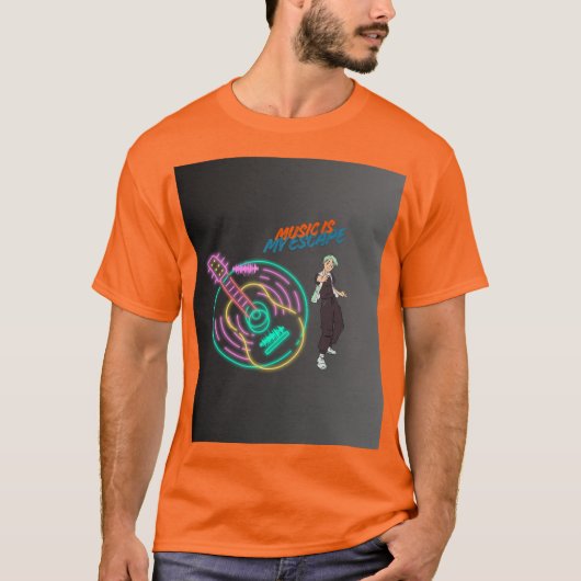 Music Is My Escape – Neon Guitar & Anime Boy T-Shirt (Vorderseite)