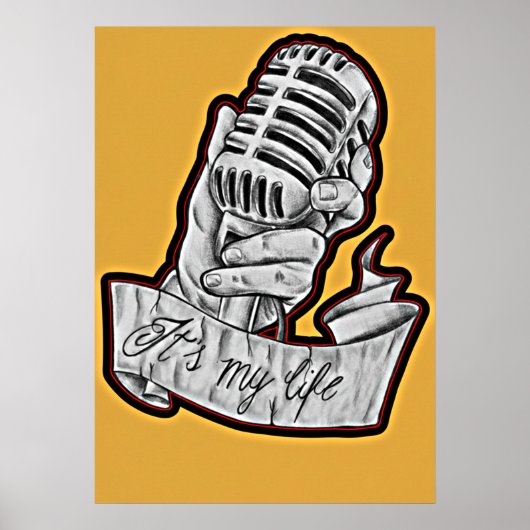 Music Is My Life - Vintage Microphone Drawn  Poster (Vorne)