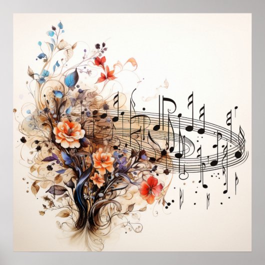 Music Notes Pretty Flowers Colorful Abstract  Poster (Vorne)