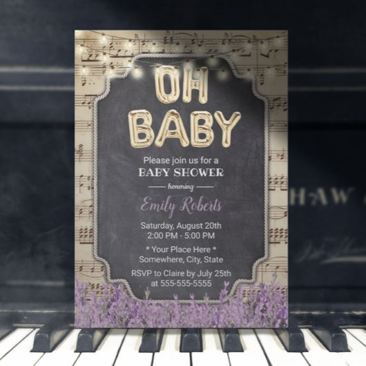 Music Oh Baby Dusche Rustikale Lavendel Blüte Einladung