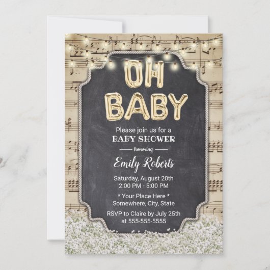 Music Oh Baby Dusche Rustikales Gipskraut Floral Einladung (Vorderseite)