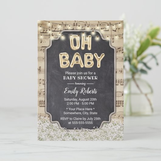 Music Oh Baby Dusche Rustikales Gipskraut Floral Einladung (Stehend Vorderseite)