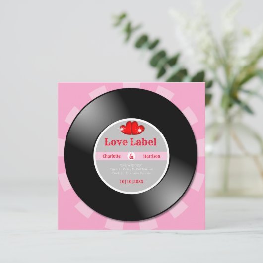 Music Retro Vinyl Record Wedding Einladung (Stehend Vorderseite)