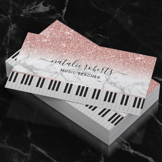 Music Teacher Marble Rose Gold Glitzer Piano Keys Visitenkarte