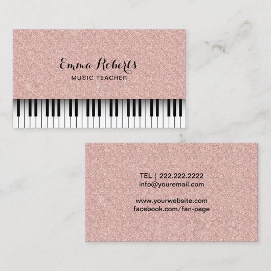 Music Teacher Rose Gold Glitzer Piano Visitenkarte (Vorne/Hinten)