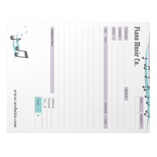 Music Teacher Theme Order Form/Invoice Notepad Notizblock (Vorderseite)