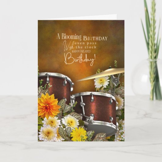 Music Theme Belated Birthday Card with Drum Set Karte (Vorderseite)