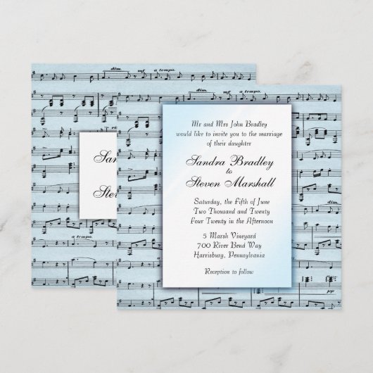 Music Theme Wedding Blue Sheet Music Einladung (Vorne/Hinten)