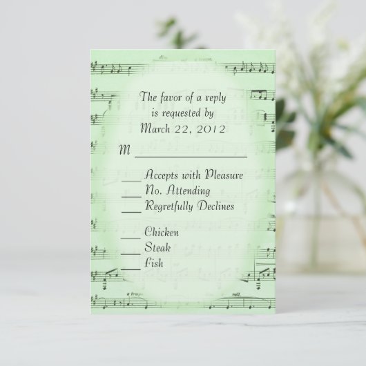 Music Wedding Green UAWG with Menu RSVP Karte (Stehend Vorderseite)