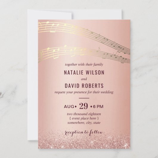 Music Wedding Modern Rose Gold Hintergrund Einladung (Vorderseite)