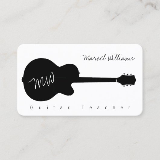 Music White Business Card mit schwarz. Gitarre Visitenkarte (Vorderseite)