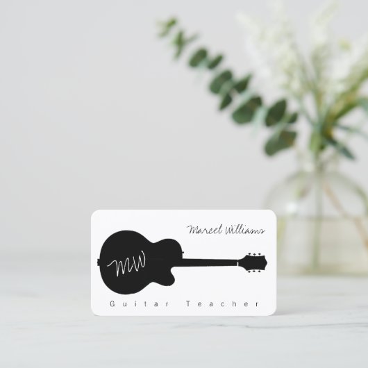 Music White Business Card mit schwarz. Gitarre Visitenkarte (Stehend Vorderseite)