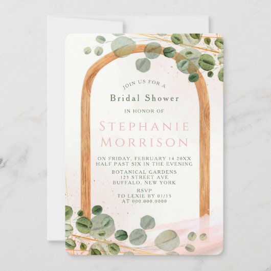 Music Wooden Arch Eukalyptus Pink Brautparty Einladung (Vorderseite)