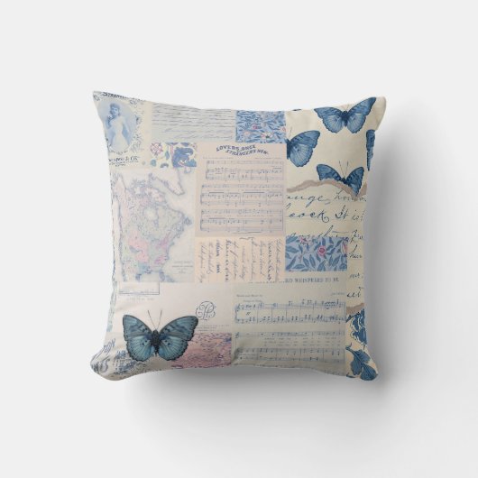 Musical Butterfly Collage in Blau und Weiß Kissen (Vorderseite)
