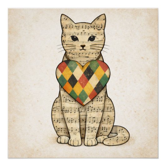 Musical Cat Collage with Harlequin Heart Poster (Vorderseite)