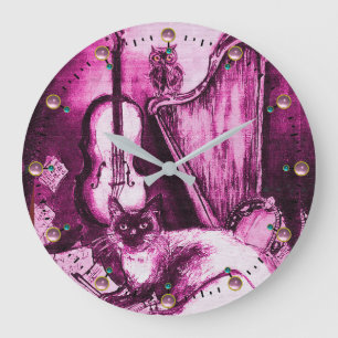 MUSICAL CAT WITH OWL VIOLIN AND HARP Pink Purple Große Wanduhr