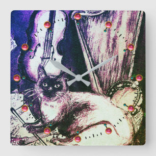 MUSICAL CAT WITH OWL VIOLIN AND HARP QUADRATISCHE WANDUHR