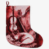 MUSICAL CAT WITH OWL VIOLIN AND HARP ,RED WHITE GROßER WEIHNACHTSSTRUMPF (Vorderseite)