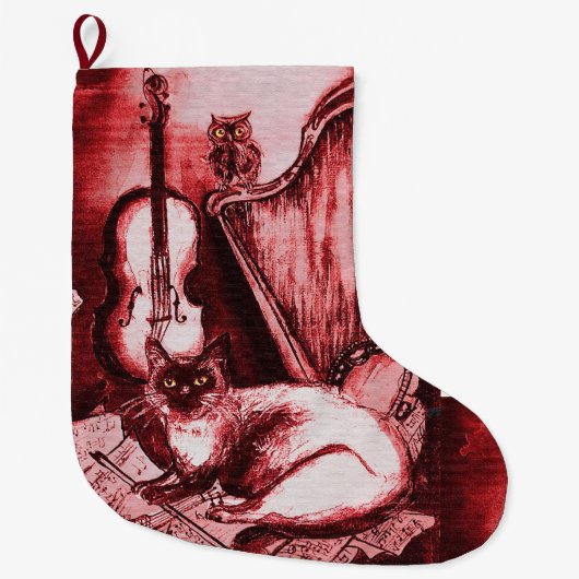 MUSICAL CAT WITH OWL VIOLIN AND HARP ,RED WHITE GROßER WEIHNACHTSSTRUMPF (Vorderseite)
