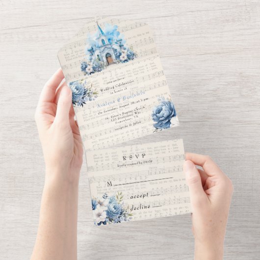 Musical Dusty Blue Peony Church Wedding All In One Einladung (Abreißen)