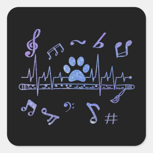 Musical Flute with Paw Prints Quadratischer Aufkleber (Vorderseite)