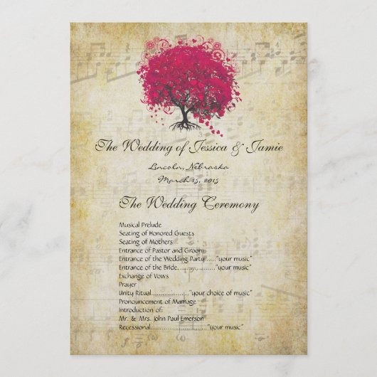 Musical Fuchsia Heart Leaf Tree Wedding Program Programm (Vorderseite)