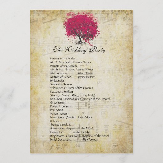 Musical Fuchsia Heart Leaf Tree Wedding Program Programm (Rückseite)