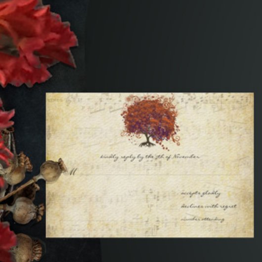 Musical Gold Coral Plum Heart Leaf Tree Wedding RSVP Karte