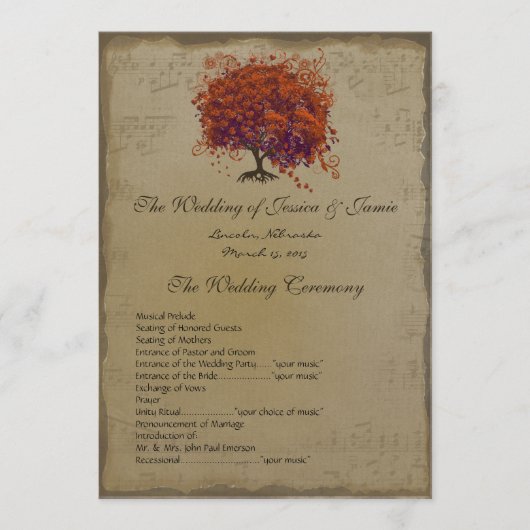 Musical Gold Dark Coral Heart Tree Wedding Program Programm (Vorderseite)