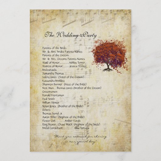 Musical Gold Dark Coral Heart Tree Wedding Program Programm (Rückseite)