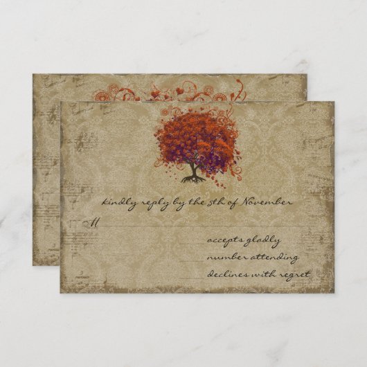 Musical Gold Dark Orange Plum Heart Leaf Tree RSVP Karte (Vorne/Hinten)