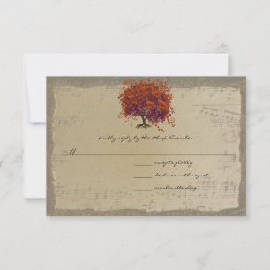 Musical Gold Dark Orange Plum Heart Leaf Tree RSVP Karte